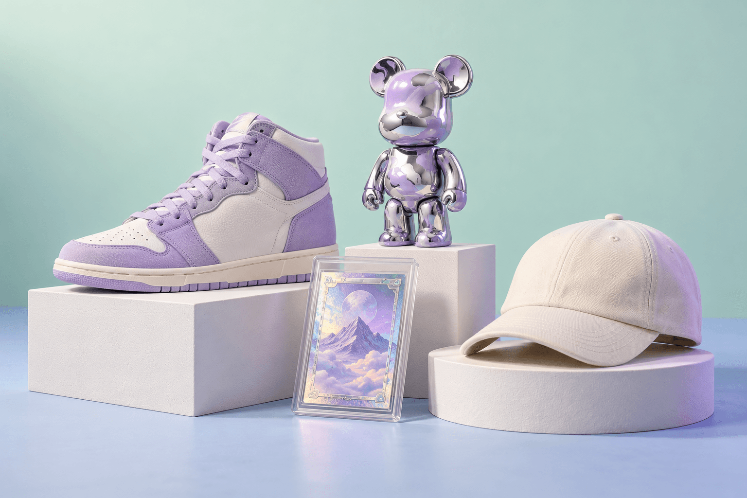 A lilac sneaker, chrome designer toy, collectible card and cap on display